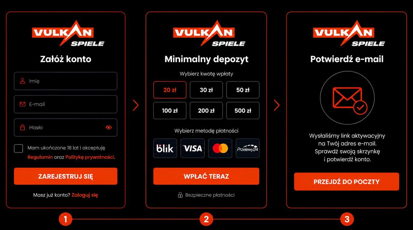 Formularz rejestracyjny Vulkan Spiele Casino z opcją niskiego depozytu i potwierdzenia konta