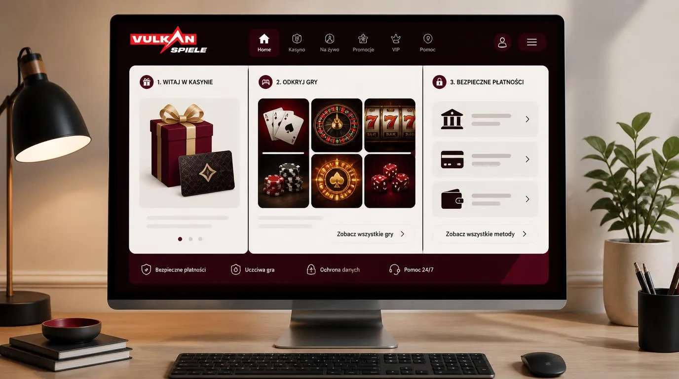 Panel kasyna z kartą bonusu powitalnego, biblioteką gier i wyborem metod płatności