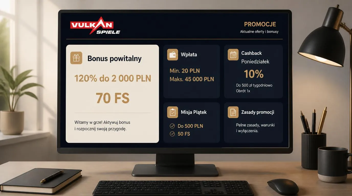 Panel promocji z bonusem 120% do 2 000 PLN, 70 darmowymi obrotami oraz kartami cashbacku i misji