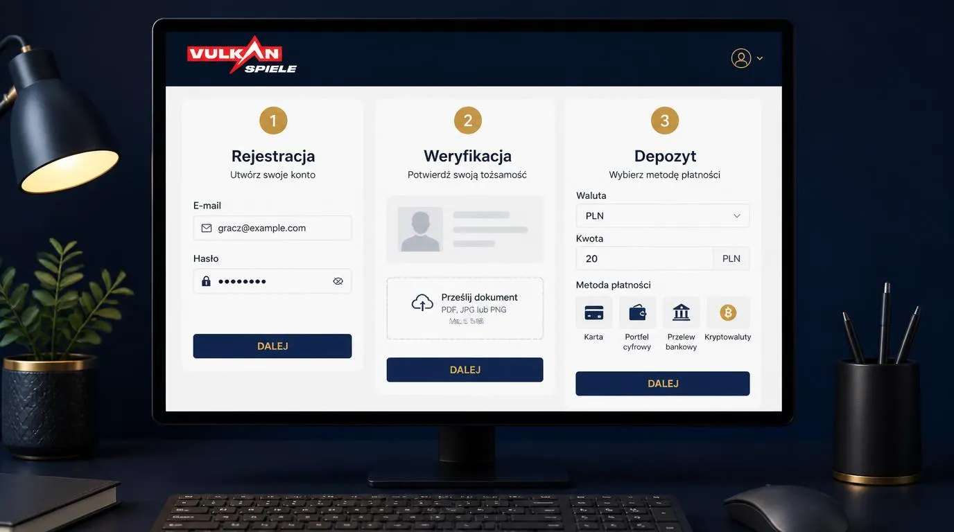 Panel konta kasyna z etapami rejestracji, weryfikacji tożsamości i pierwszego depozytu w PLN