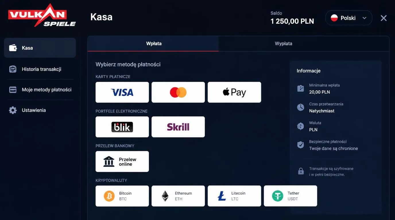 Panel kasowy z saldem w PLN, wyborem płatności oraz zakładkami wpłaty i wypłaty